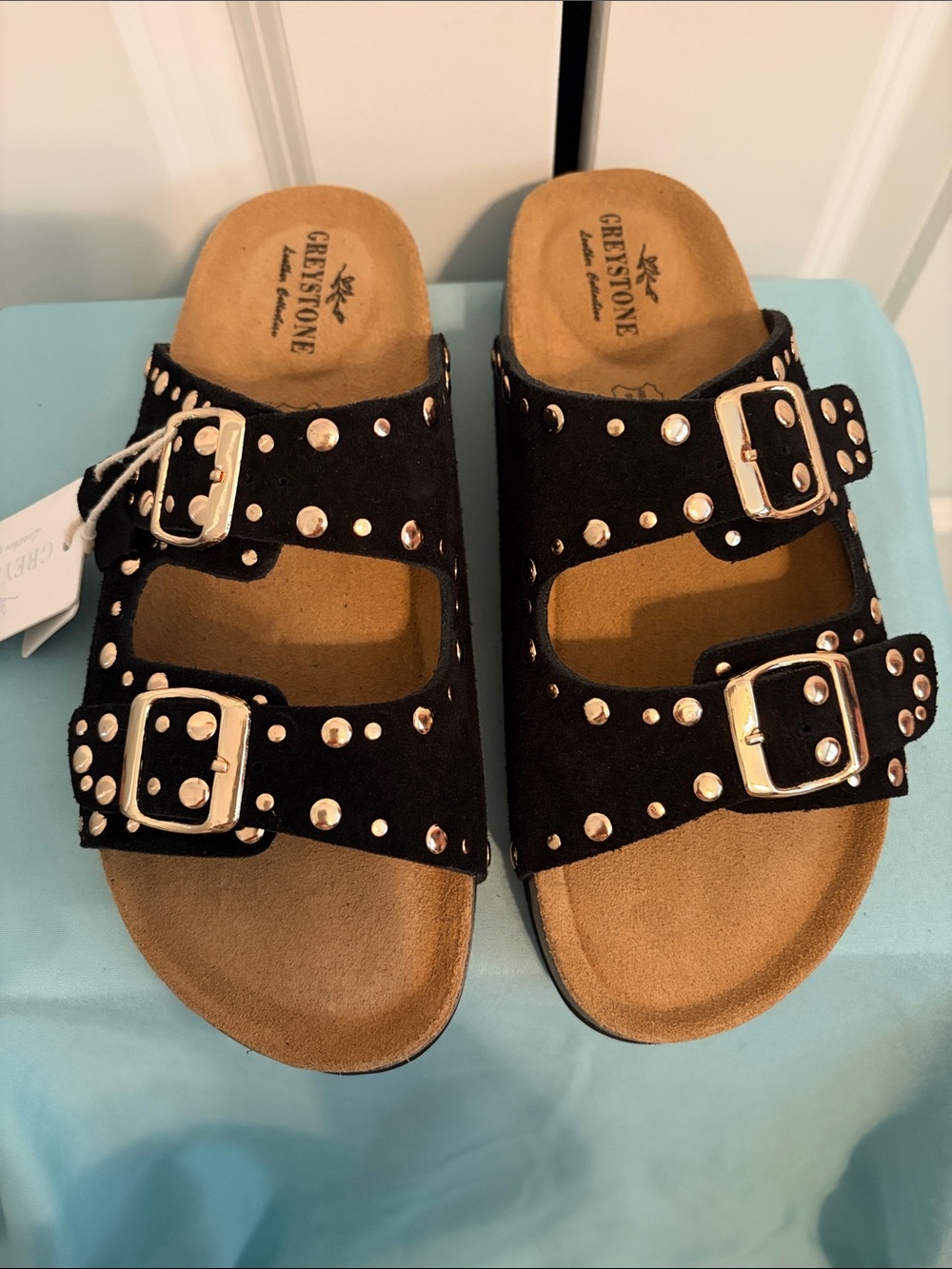 Women's Black Studded Double-Buckle Sandals